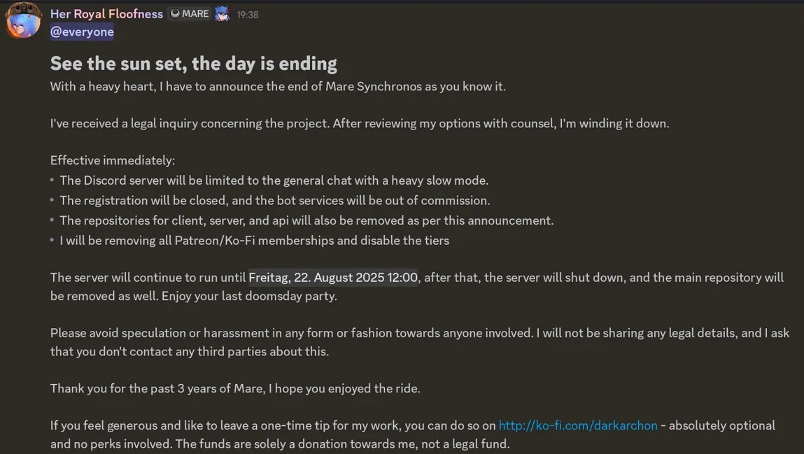 The shutdown announcement from Darkarchon in the MareSync Discord